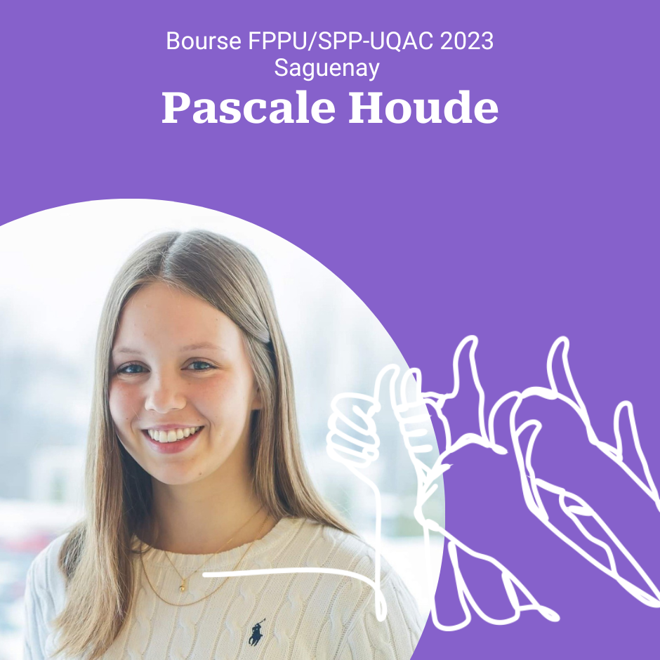 Photo sur fond mauve de Pascale Houde, lauréate du prix FPPU/SPP-UQAC 2023.