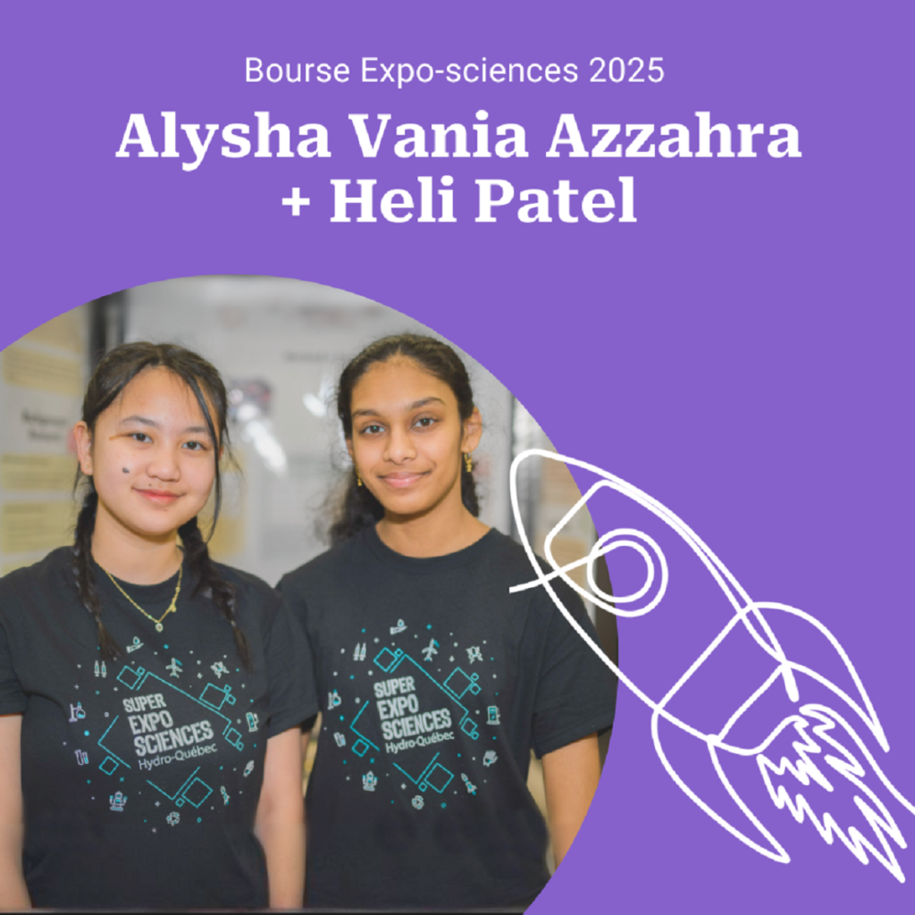 Alysha Vania Azzahra et Heli Patel, lauréates d'une bourse FPPU aux Expo-sciences 2025. Le design comporte une image de fusée sur fond mauve.
