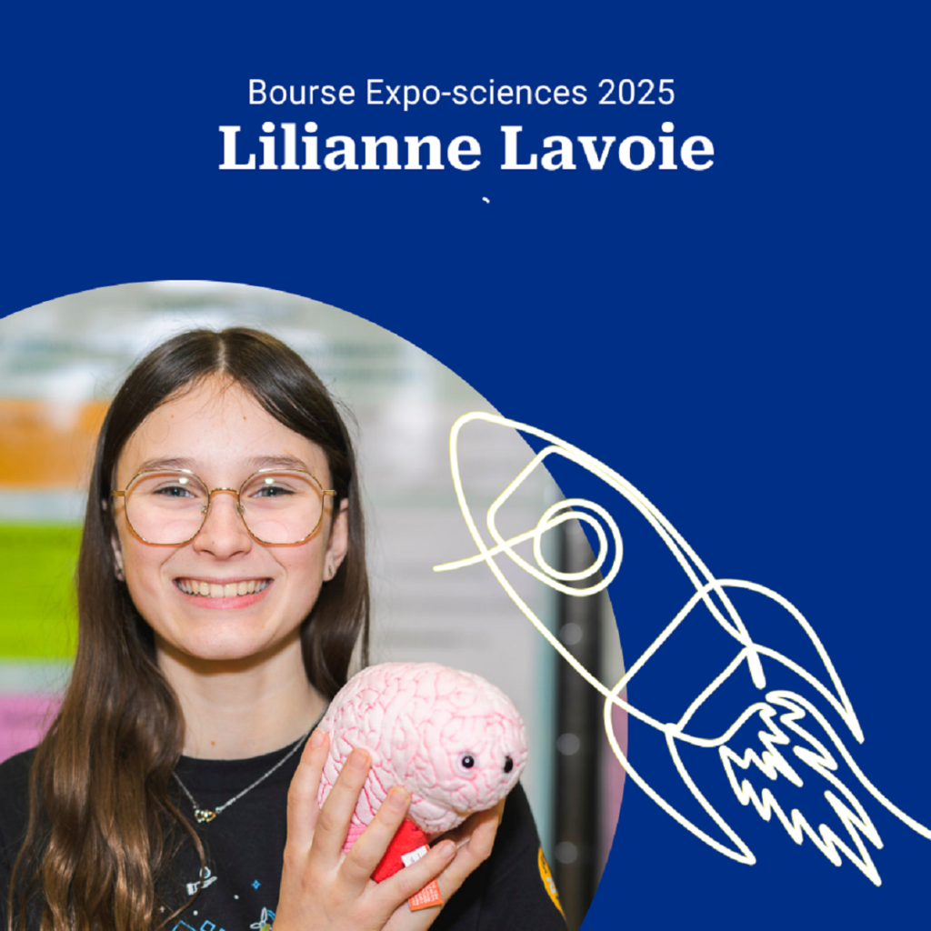 Lilianne Lavoie, lauréate d'une bourse FPPU aux Expo-sciences 2025. Le design comporte le dessin d'une fusée sur fond marine.