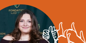 Alycia Le-Pain, boursière FPPU/SPP-UQTR 2026. Sa photo sur fond orangé s’accompagne d’un dessin montrant des pouces levés.