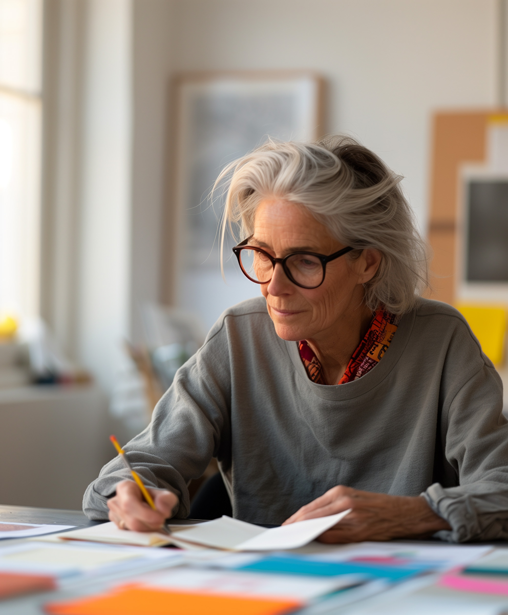 Elderly Artist at Work Une femme aux cheveux blancs écrit dans un cahier, assise à la table de son bureau lumineux.